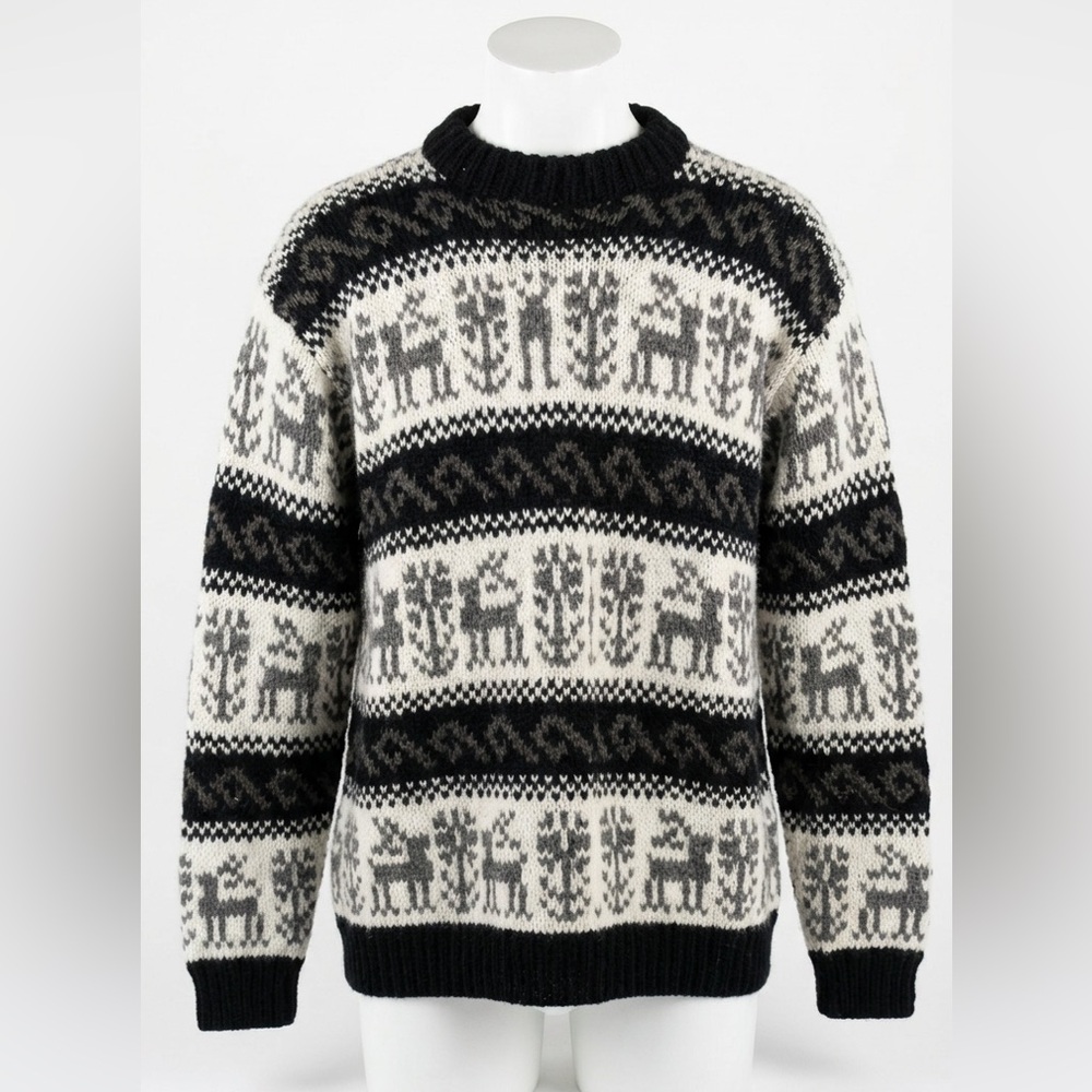 Vintage Fair Isle Chunky Knit Wool Sweater Reindeer Pattern Mens L/XL